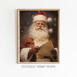 Vintage Christmas Wall Art, Santa Reading his List of Gifts, Printable Christmas Oil Painting, Seasonal Christmas Decor,