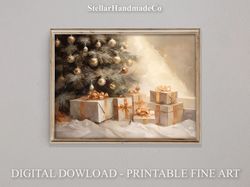Christmas Printable Wall Art, Christmas Tree Still Life Painting, Rustic Christmas Art Decor Print, Vintage Xmas Holiday