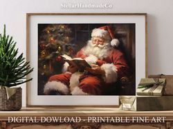 Christmas Printable Wall Art, Santa Reading Book Painting, Rustic Art Decor Print, Vintage Xmas Holiday Wall Art C011.jp