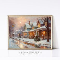 Printable Christmas Wall Art Print, Oil Painting of a Christmas City Street, Seasonal Christmas Decor, Farmhouse Wall Ar