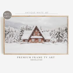 Christmas Frame TV Art, House in Snowy Forest, Farmhouse Winter Samsung Frame TV Art, Digital Download, Art for Tv, Holi