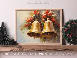 Christmas Printable Wall Art, Bells Still Life Painting, Rustic Christmas Art Decor-Print, Vintage Xmas Holiday Wall Art