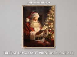 Christmas Printable Wall Art, Santa Reading Book Painting, Rustic Art Decor Print, Vintage Xmas Holiday Wall Art C012.jp
