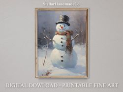 Christmas Printable Wall Art, Snowman Oil Painting Print, Rustic Art Decor Print, Vintage Xmas Holiday Wall Art C015.jpg