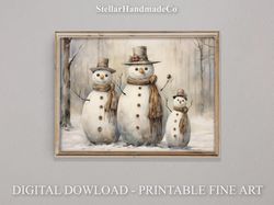 Christmas Printable Wall Art, Snowman Oil Painting Print, Rustic Art Decor Print, Vintage Xmas Holiday Wall Art C027.jpg