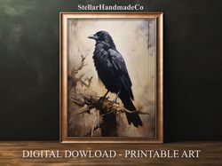 Crow Art Print, Printable Crow Wall Art, Halloween Old Painting Vintage Art, Halloween Digital Dowload H026.jpg