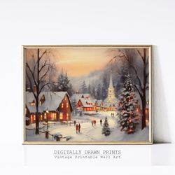 Printable Christmas Wall Art, Oil Painting of a Christmas Village, Seasonal Christmas Decor, Farmhouse Wall Art, Digital