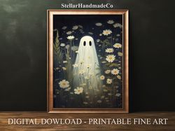 Printable Halloween Ghost Print, Vintage Ghost in Flower Meadow Print, Muted Neutral Wall Art, Digital Download Ghost Pr
