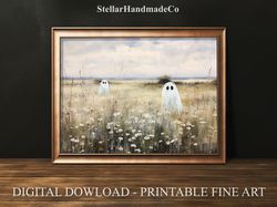Printable Halloween Ghost Print, Vintage Ghosts in Flower Meadow Print, Muted Neutral Wall Art, Digital Download Ghost P