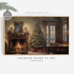 Vintage Christmas Tree Frame TV Art, Antique Oil Painting for TV, Farmhouse Christmas Wall Decor, Winter Home Decor, Dig
