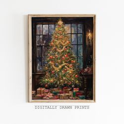 Vintage Christmas Wall Art, Christmas Tree, Printable Christmas Oil Painting, Seasonal Christmas Decor Cottagecore Decor