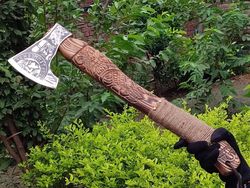 Handmade Rare Art Carbon Steel Blade Viking Throwing Axe - Carved Ashwood Handle