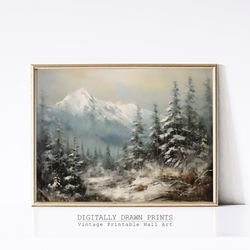 Printable Christmas Wall Art, Moody Oil Painting of a Snowy Mountain, Seasonal Christmas Decor, Farmhouse Wall Art, Art