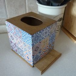 Wooden Rustic Wooden Tissue Box Cover. Spanish Tiles Decor Napkins Box Holder.