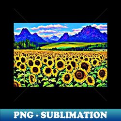 Field of Sunflowers Meadow Landscape with Mountains - Unique Sublimation PNG Download - Unleash Your Creativity