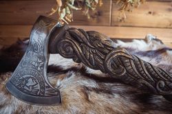 Viking Raven Norse Sculpture Handle Axe, Carbon Steel VIKING AXE with Ash Wood Shaft, Wedding Gift, Axes Best Birthday A