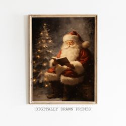 Vintage Christmas Printable Wall Art, Santa Reading Book, Printable Christmas Oil Painting, Farmhouse Decor, Art Digital