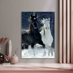 Horse Lover Gift Poster, Horses Artwork, Black Frame Canvas, Animal Wall Art, White Horse Canvas, Faster Horse Wall Art,