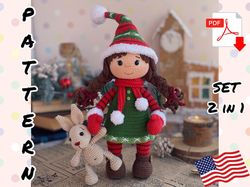 Crochet Pattern Christmas Doll and Bunny. TUTORIAL Doll in English, in PDF. Cute Santa's helper crochet toy. Christmas G