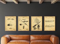 fishing patent prints set of 4, fishing prints, fishing tackle, reel, fly, boat posters, fathers day gift, fishing art,
