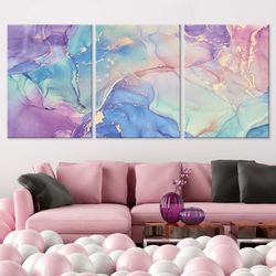 Light Blue fluid wall art prints Over the bed wall art set Living room set of 3 canvas Abstract 3 piece wall decor Bedro