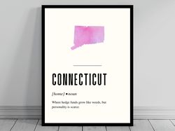 Funny Connecticut Definition Print  Connecticut Poster  Minimalist State Map  Watercolor Silhouette  Modern Travel  Word