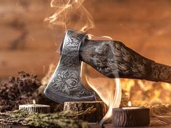 GIFT for HIM Viking HATCHET Axe Wolf Forged Carbon Steel Axe with Wood Handle Viking Bearded Battle Axe|AnniversaryGift