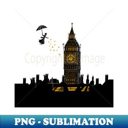 Mary Poppins and Big Ben Linocut Silhouette Print in black blue and gold - High-Quality PNG Sublimation Download - Vibrant and Eye-Catching Typography