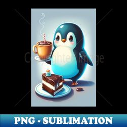 a baby penguin with a cup and a cake - premium sublimation digital download - fashionable and fearless