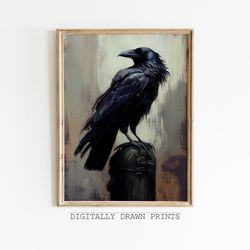 Antique Raven Painting, Dark Academia PRINTABLE Wall Art, Moody Rustic Bird Print, Vintage Animal Wall Art, Dark Art Dig