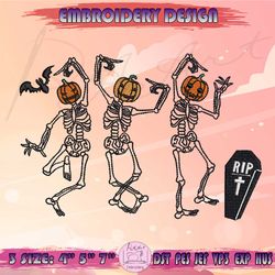 Dancing Skeletons Embroidery Design, Skeleton Pumpkin Face Embroidery, Halloween Embroidery, Machine Embroidery Designs