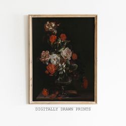 Vintage Moody  Dark Flower Print, Dark Academia Botanical Wall Art Floral Still Life Oil Painting, Printable Digital Art