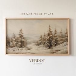 Vintage Winter Painting Frame Tv Art, Muted Brown Neutral Evergreen Forest Winter Trees Landscape, Christmas Decor Digit
