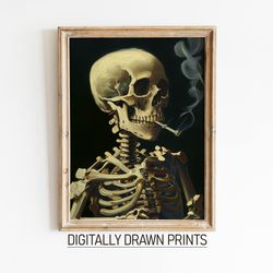 Moody Skull of a Skeleton with Burning Cigarette, Moody Dark Academia Print, Dark Wall Art, Skull Art Print, Gothic Wall