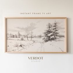 Vintage Winter Frame Tv Art, Neutral Minimal Landscape Pencil Sketch Tv Digital Download, Christmas Decor  TV2323.jpg