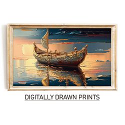 Abstract Samsung Frame TV Art, Boat Art For Frame Tv, Spring Abstract Oil Painting, Beach Art for Frame TV, Digital Down