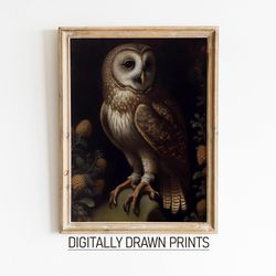 Dark Academia Owl Print, Moody Dark Decor, Gothic Vintage Wall Art, Antique Owl Painting, Wall Art PRINTABLE Digital Dow