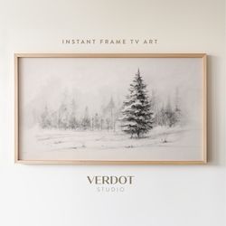 Neutral Christmas Tree Frame Tv Art, Winter Tree Pencil Sketch Vintage Style Tv Art, Rustic Contemporary  TV2303.jpg