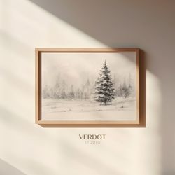Neutral Winter Tree Christmas Print, Christmas Printable Wall Art, Vintage Winter Wall Decor, Evergreen Tree Pencil Sket