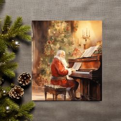 Rustic Christmas Wall Art Book Art CottageDecor Printable Vintage Christmas Winter Print Oil Painting Santa Piano Decor