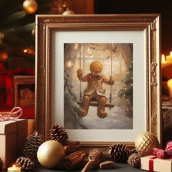 Rustic Christmas Wall Art Book Art CottageDecor Printable Vintage Christmas Winter Print Oil Painting Gingerbread Man De