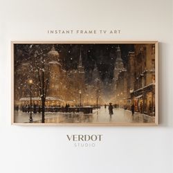 Snowy Winter Night Frame Tv Art, Moody Neutral Christmas Frame Tv Art, Vintage Winter City Painting Download, Christmas