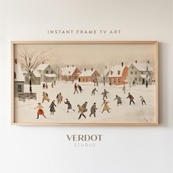 Vintage Village Christmas Frame Tv Art, Hockey Players Winter Town Landscape Painting Digital Download Tv Art, Holiday S