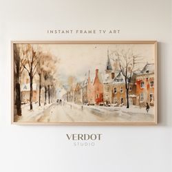 Watercolour Town Christmas Frame Tv Art, Vintage Style Village Winter Landscape Painting Digital Download Tv Screensaver