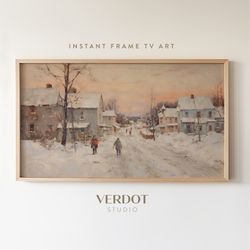 Winter Christmas Frame Tv Art, Old Town Vintage Neutral Winter Painting, Sunset Holiday Tv Digital Download, Christmas D