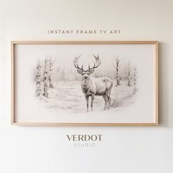 Winter Deer in Snow Frame Tv Art, Christmas Pencil Sketch, Neutral Rustic Vintage Style Tv Art, Modern Contemporary  TV2
