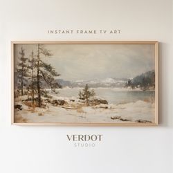 winter frame tv art, vintage northen winter landscape, neutral north muskoka painting tv digital screensaver, christmas