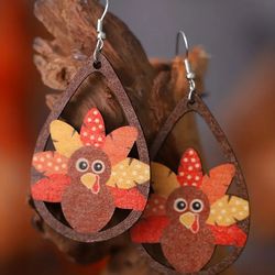 Vintage Thanksgiving Cute Turkey Hollow Water Drop Dangle Earringswooden Jewelry Creative Female Gift
