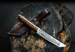 Tanto Knife Damascus Steel Wood Handle Handmade Forged Steel Hunting Collectible