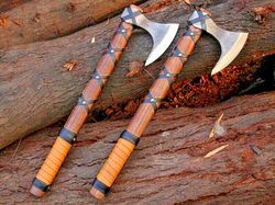 pair of custom handmade hand forged viking axe ragnar bearded nordic battle ax